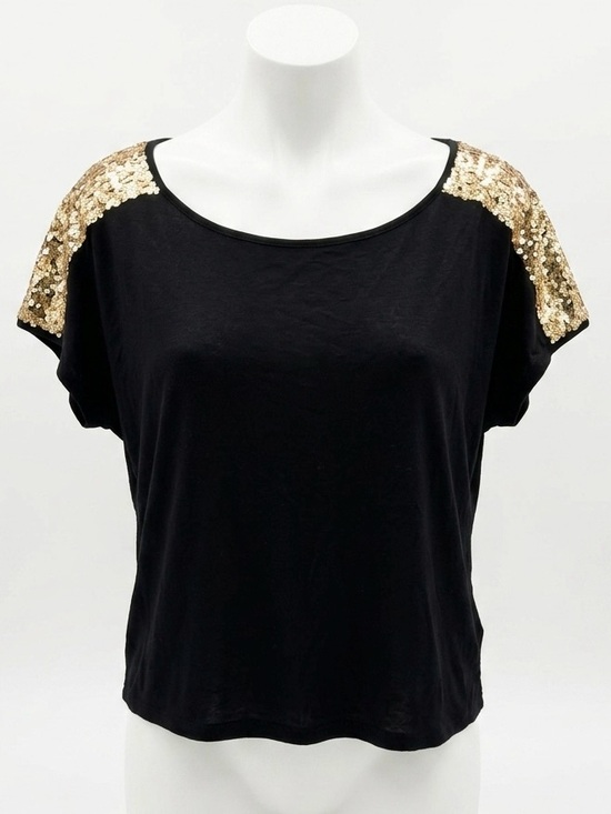 Forever 21 Tops - Forever 21 Black Scoop Neck Top with Gold Sequin Shoulders - Size L
